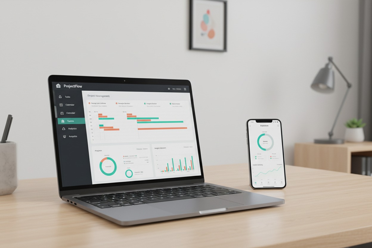 A laptop and a smartphone displaying data analytics dashboards sit on a wooden desk.